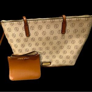 Adrienne Vitadinni  Cream Tote with Brown Leather Straps and Logo Pattern